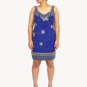 Vintage Royal Blue Silver Firework Beaded Fringe Cocktail NYE Holiday Dress